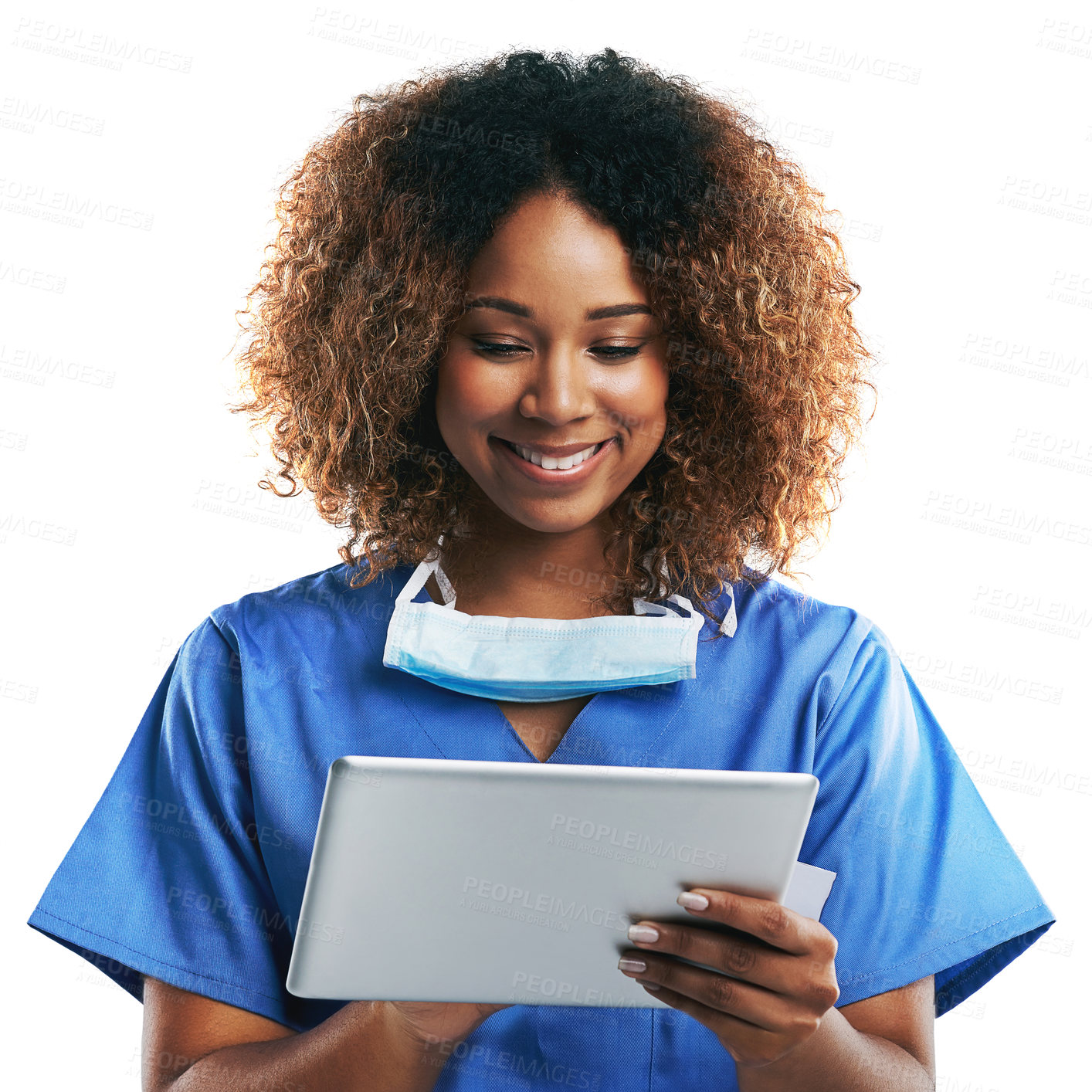 Buy stock photo Doctor black woman, tablet typing and studio for smile, focus or science research on web app by white background. Isolated nurse, mobile tech touchscreen or reading on social network, article or news
