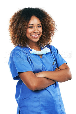 Buy stock photo Black woman, portrait and nurse with arms crossed in studio isolated on white background. Medic, healthcare or confident, happy or proud female medical physician from Nigeria ready for wellness goals