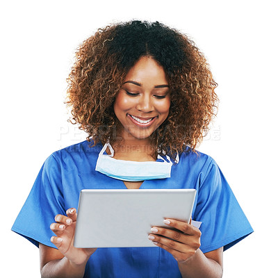 Buy stock photo Tablet, black woman and healthcare nurse in studio isolated on white background. Technology, wellness app and happy person or female medical physician with touchscreen for research or telehealth.