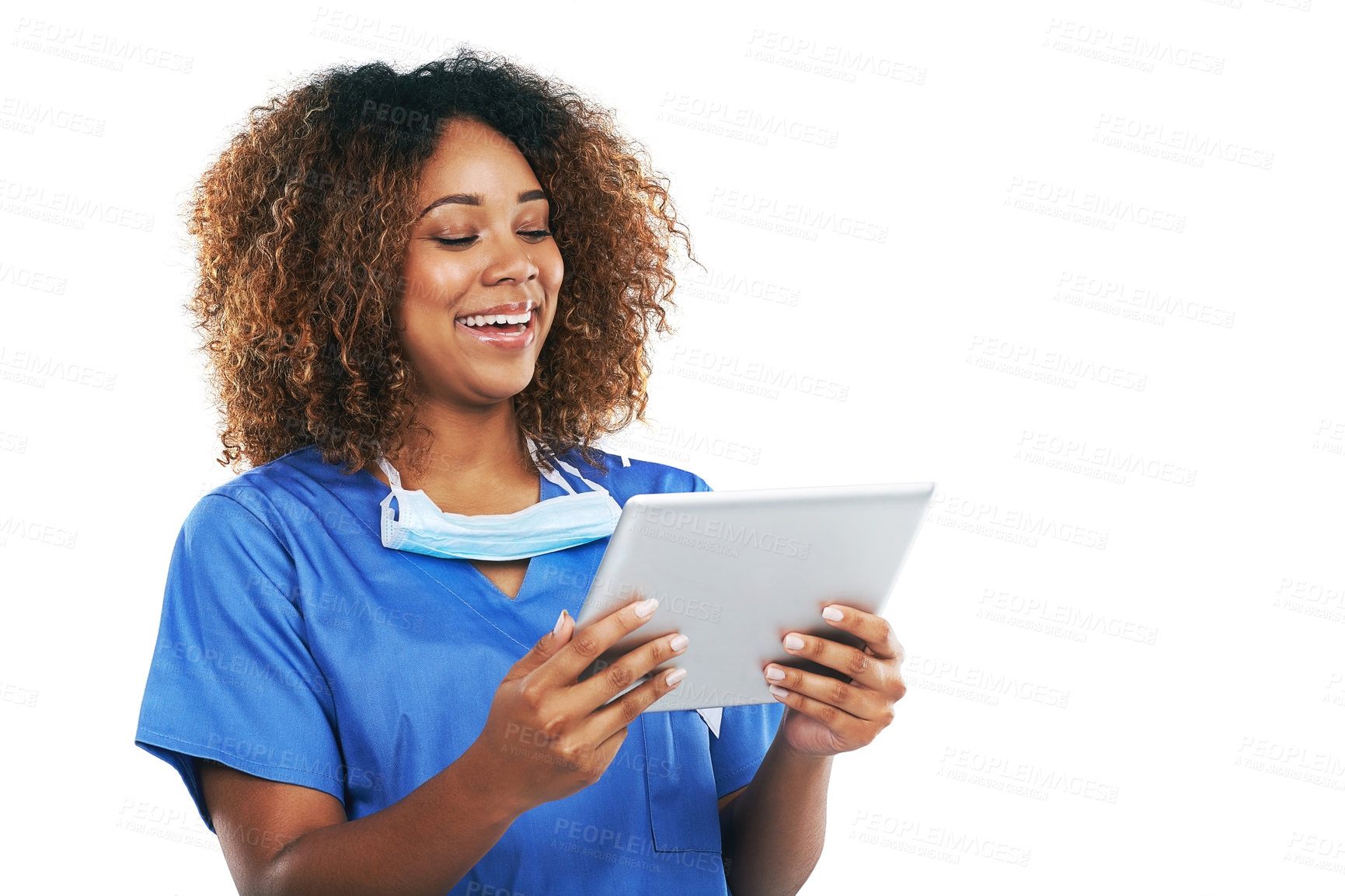 Buy stock photo Nurse, health and black woman with tablet in studio isolated on white background mockup. Technology, wellness and happy female medical physician laughing with touchscreen for research or telehealth.