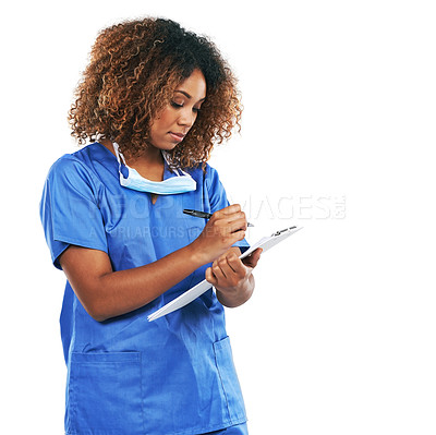 Buy stock photo Healthcare, clipboard and mockup with a nurse black woman writing in studio isolated on a white background. Medical, documents and insurance with a female medicine professional on blank mock up space