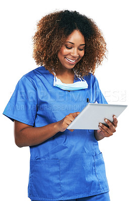 Buy stock photo Doctor, black woman and tablet in studio with focus, smile and research for healthcare problem by white background. Isolated nurse, mobile tech touchscreen and reading email, social media app or chat