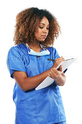 Buy stock photo Healthcare, nurse and black woman writing on checklist in studio isolated on white background. Wellness, documents and female medical physician taking notes on clipboard for research, results or data
