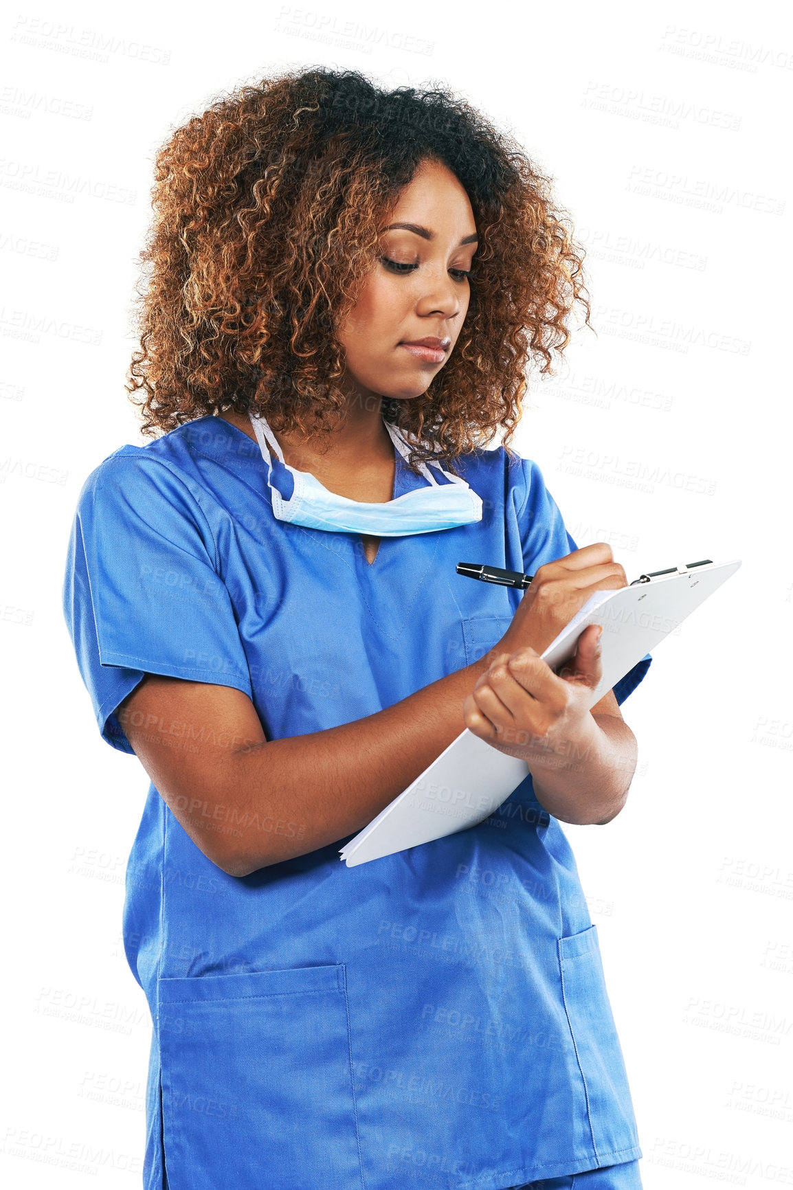 Buy stock photo Healthcare, nurse and black woman writing on checklist in studio isolated on white background. Wellness, documents and female medical physician taking notes on clipboard for research, results or data