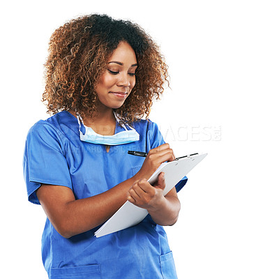 Buy stock photo Nurse, healthcare and black woman writing on checklist in studio isolated on white background mockup. Wellness, documents and female medical physician taking notes on clipboard for research records.