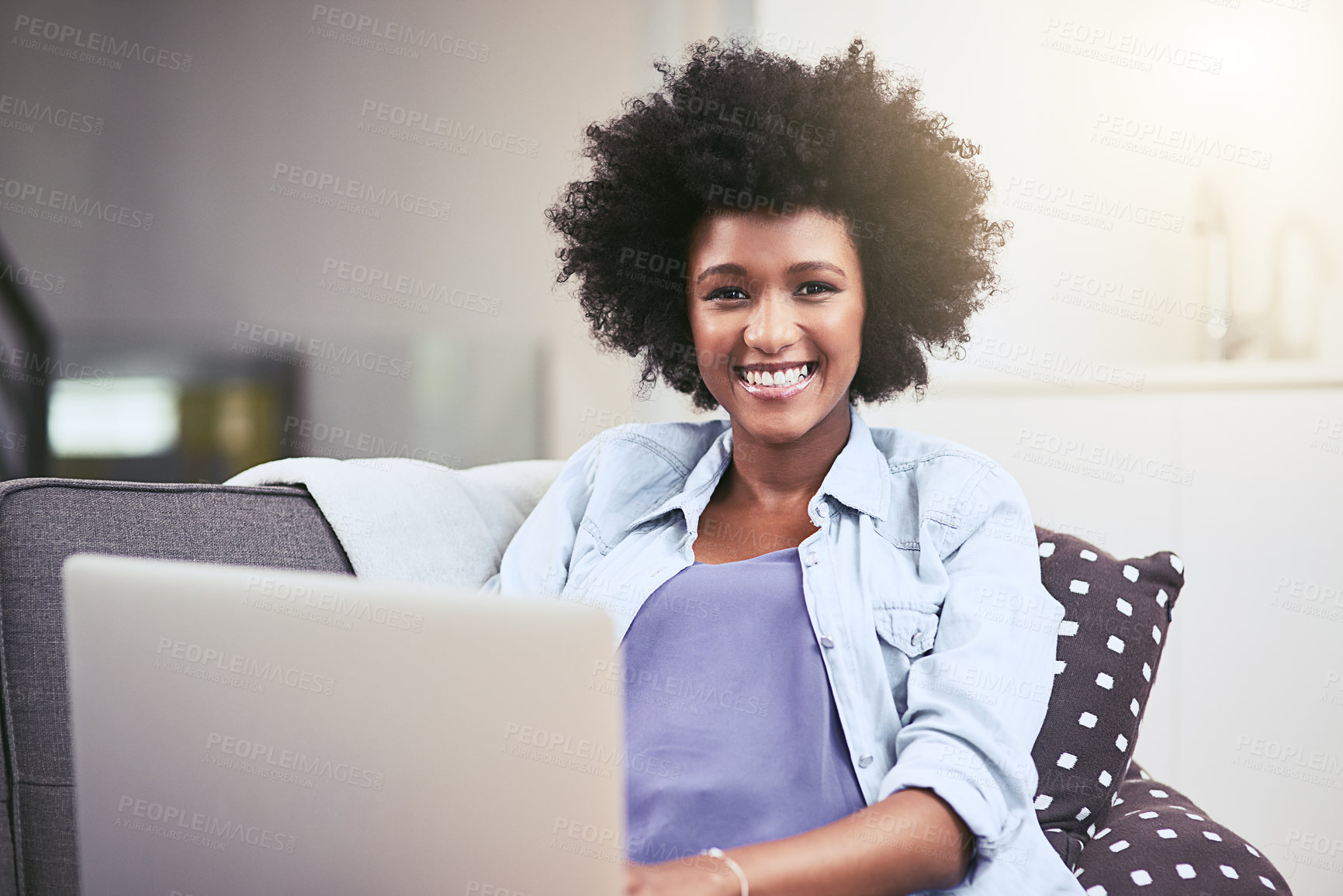 Buy stock photo African woman, portrait and laptop on sofa in house for internet, networking and streaming with smile. Technology, face and remote work as social media manager for company, agency or business in home
