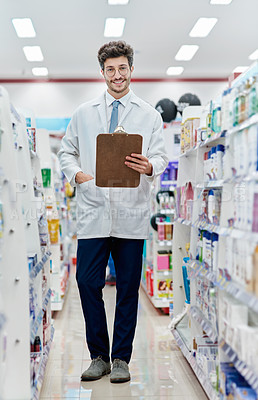 Buy stock photo Pharmacist, medicine and portrait of a man with a clipboard in pharmacy store for retail career. Happy male person in pharmaceutical or medical industry for service, healthcare and inventory on shelf