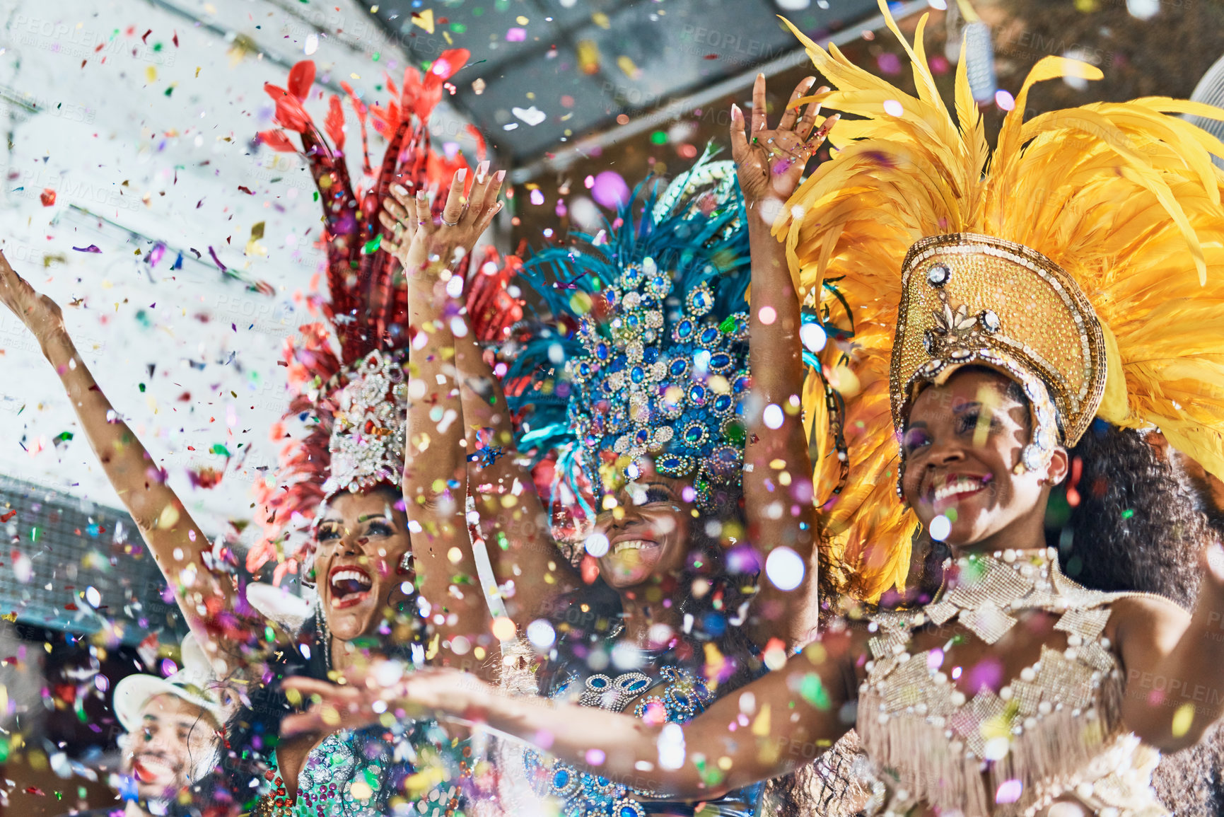 Buy stock photo Happy woman, samba dance and confetti in celebration for party, event or festival at carnival. Women dancer in rio for traditional dancing, music or festive band performance in happiness together