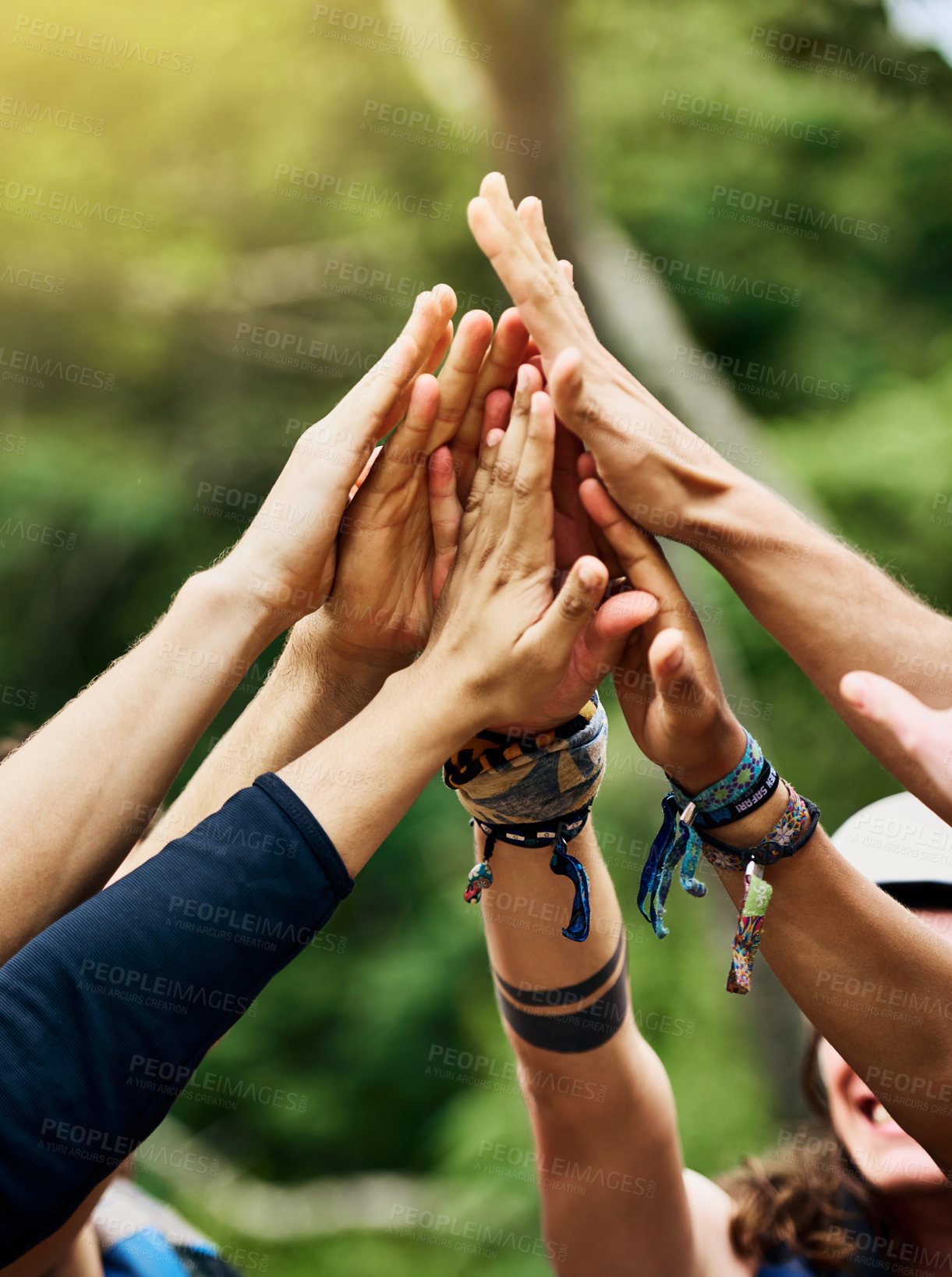 Buy stock photo High five, hands and group of people outdoor with collaboration, motivation and solidarity for activity. Friends, trust and together in nature with cooperation, community or bonding for team building