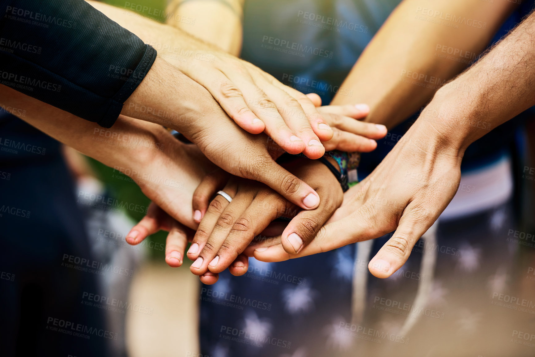 Buy stock photo Teamwork, stack hands and people outdoor for celebration, success or motivation. Group, friends and huddle together closeup for solidarity of community with trust, connection and support for goal