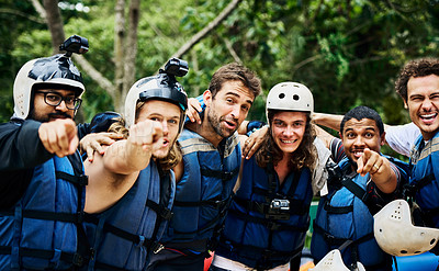 Buy stock photo Rafting, portrait and team with helmet outdoor for safety, protection and ready for extreme sport. Group, face and happy men with life jacket for adventure, laughing and pointing at you in nature