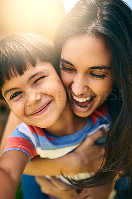 Buy stock photo Mom, boy and child with portrait outdoor for weekend fun, playing and happiness for bonding with love or care. Mother, male kid and playful with embrace or security, childhood and affection with joy.