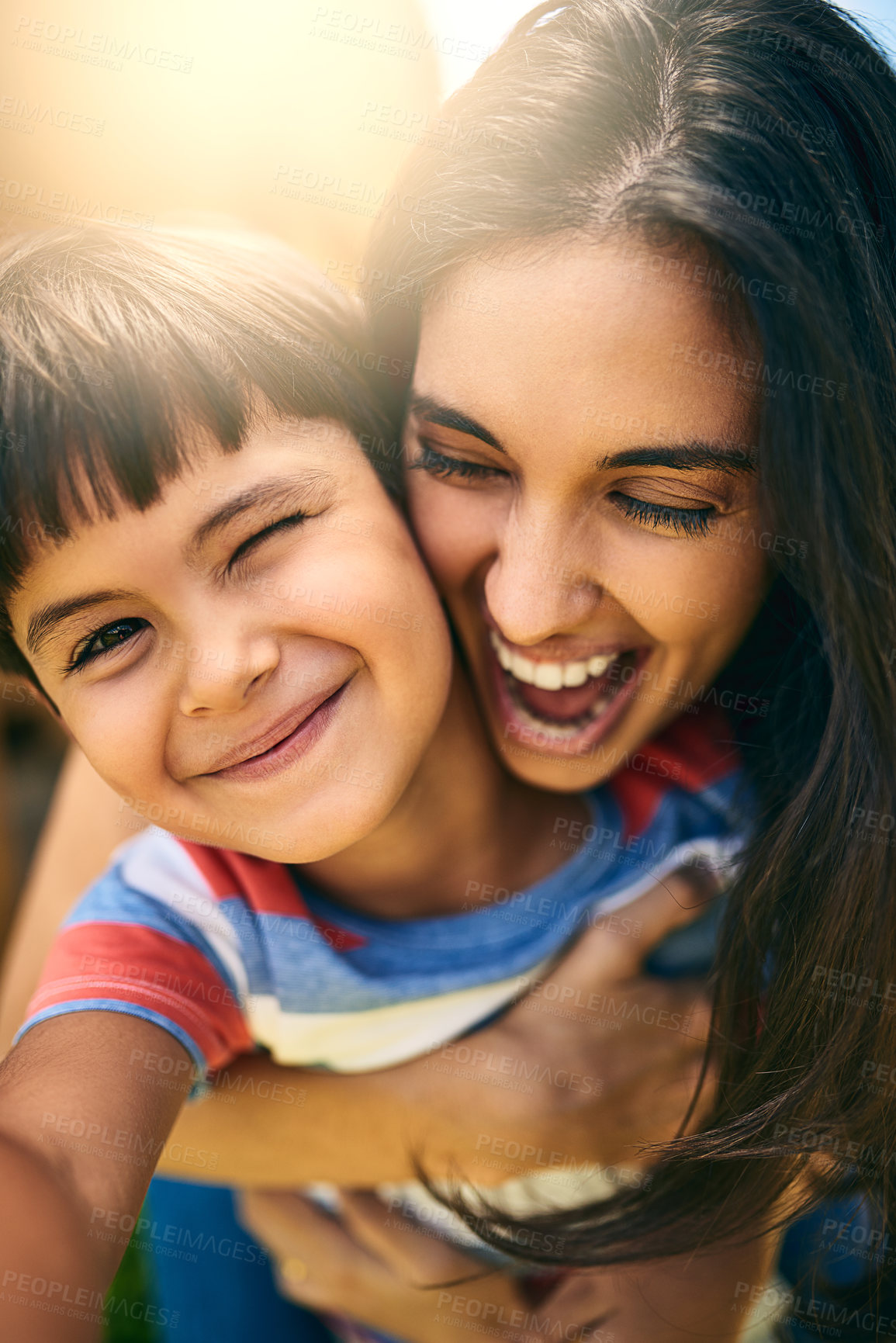 Buy stock photo Mom, boy and child with portrait outdoor for weekend fun, playing and happiness for bonding with love or care. Mother, male kid and playful with embrace or security, childhood and affection with joy.