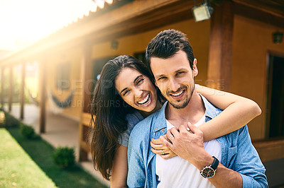 Buy stock photo Smile, couple and portrait with hug outdoor of new house, apartment and joy for property ownership with love. Man, woman and together by home for bonding or affection, care and safety with commitment