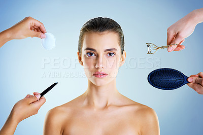 Buy stock photo Portrait, beauty tools and woman in studio, spa and equipment for makeup, hands and mockup space. Blue background, transformation and makeover for prom of girl in New York, people and skincare