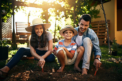 Buy stock photo Happy family, portrait or plant in garden for sustainability, agriculture or farming development in backyard Learning natural soil or parents of boy child in nature or planting for teaching a child