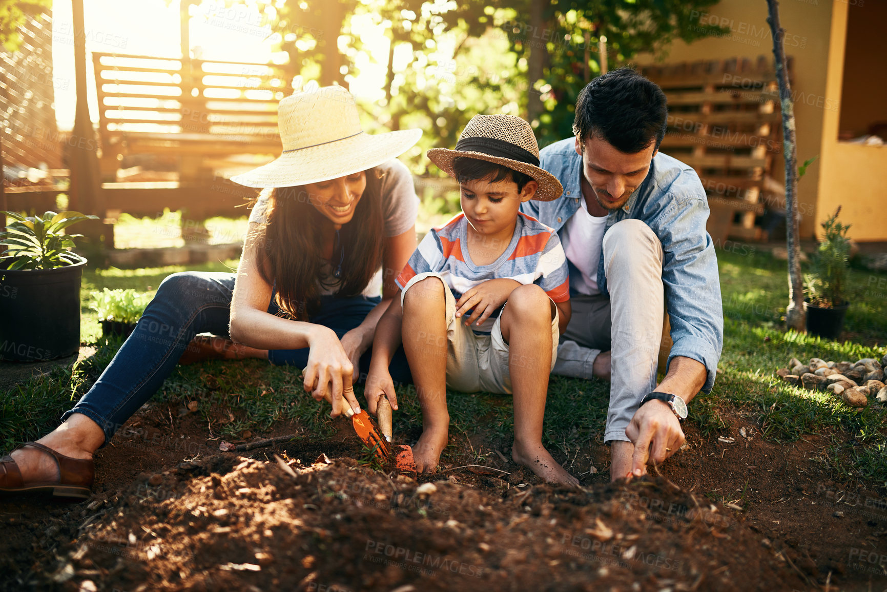 Buy stock photo Family, soil or learning in garden for sustainability, agriculture care or farming development in backyard. Growth, education or parents of boy child with sand in nature planting or teaching a kid 