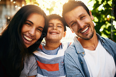 Buy stock photo Travel, boy or portrait in park with happy family, smile and trust in nature on weekend break together. Parents, father or mother outside with love, care or kid on outdoor holiday vacation in Spain