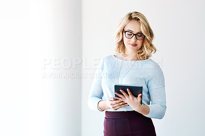 Buy stock photo Business, email and woman with tablet, website and planning for legal project, brainstorming and research. Lawyer, consultant and employee with work, technology and document with idea for case notes