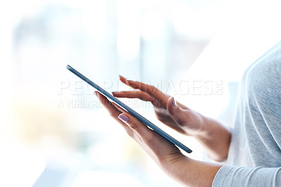 Buy stock photo Business, lawyer and hands with tablet, website and planning for legal project, brainstorming or research. Attorney, person or employee with email, technology or document with idea for case notes