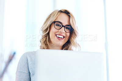 Buy stock photo Portrait, laptop and happy business woman in startup for work, project and email. Face, smile and entrepreneur in glasses with computer for creative copywriting on article, blog and report in Sweden