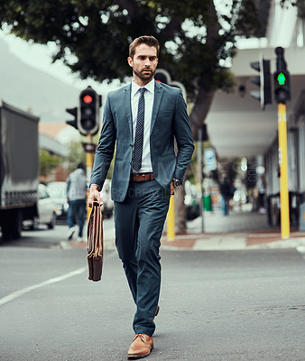 Buy stock photo Business man, briefcase and crosswalk on street in city by traffic light, safety and sign for direction to work. Person, suit and leather bag in metro on commute, walking and trip to job in Seattle