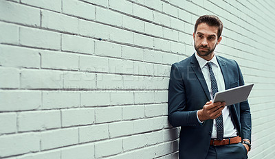 Buy stock photo Businessman, wall and thinking with tablet for career ambition or job opportunity in city. Young, man or employee with technology in wonder for online business, app or innovation in an urban town