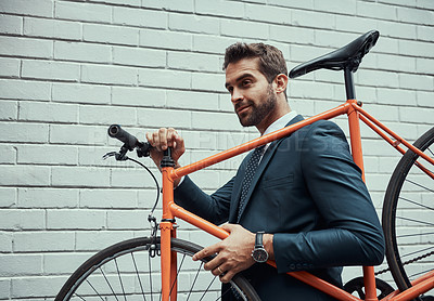 Buy stock photo Business man, city and carry bicycle in street, commute or sustainable travel for trip in metro. Person, suit and bike for eco friendly transportation on urban sidewalk, road or direction in London