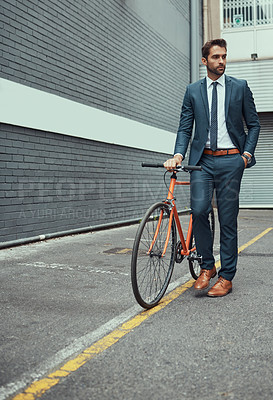 Buy stock photo Business man, city and bicycle on travel, commute or sustainability for trip on metro street. Person, suit and bike for eco friendly transportation on urban sidewalk, road and direction in Chicago