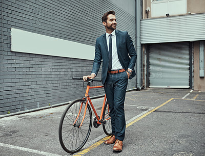 Buy stock photo Business man, street and bicycle on travel, commute or sustainability with smile in metro city. Person, suit and bike for eco friendly transportation on urban sidewalk, road and direction in Chicago