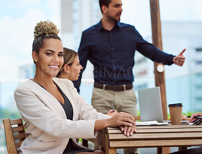 Buy stock photo Cropped portrait of an attractive young businesswoman sitting in the boardroom during a meeting