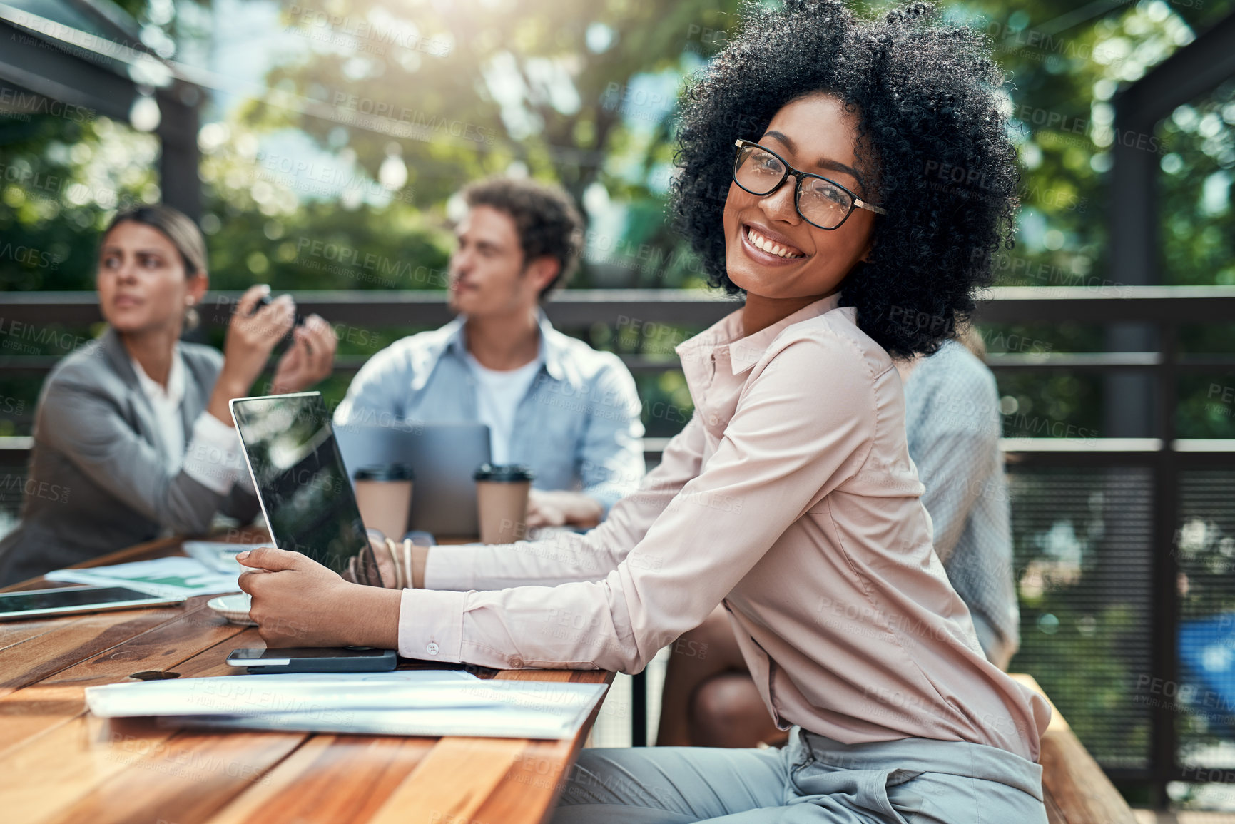 Buy stock photo Meeting, laptop and woman for presentation, portrait and smile in coffee shop. Planning, team and rainforest protection council, businesspeople and deforestation prevention for climate change