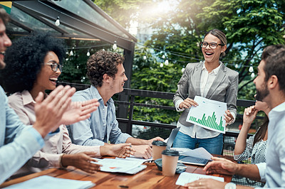 Buy stock photo Presentation, document and team of business people in meeting applause for company finance revenue. Happy, discussion and speaker with financial advisors for statistics with data, chart or graphs.