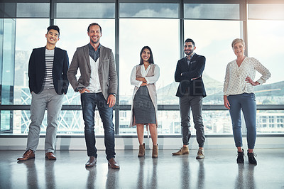 Buy stock photo Portrait of a diverse group of businesspeople standing in an office