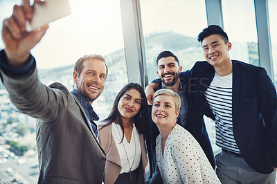 Buy stock photo Happy, company and business people with selfie in office for team building, networking and unity. Smile, employees and HR with digital photography for recruitment, onboarding and memory of hiring