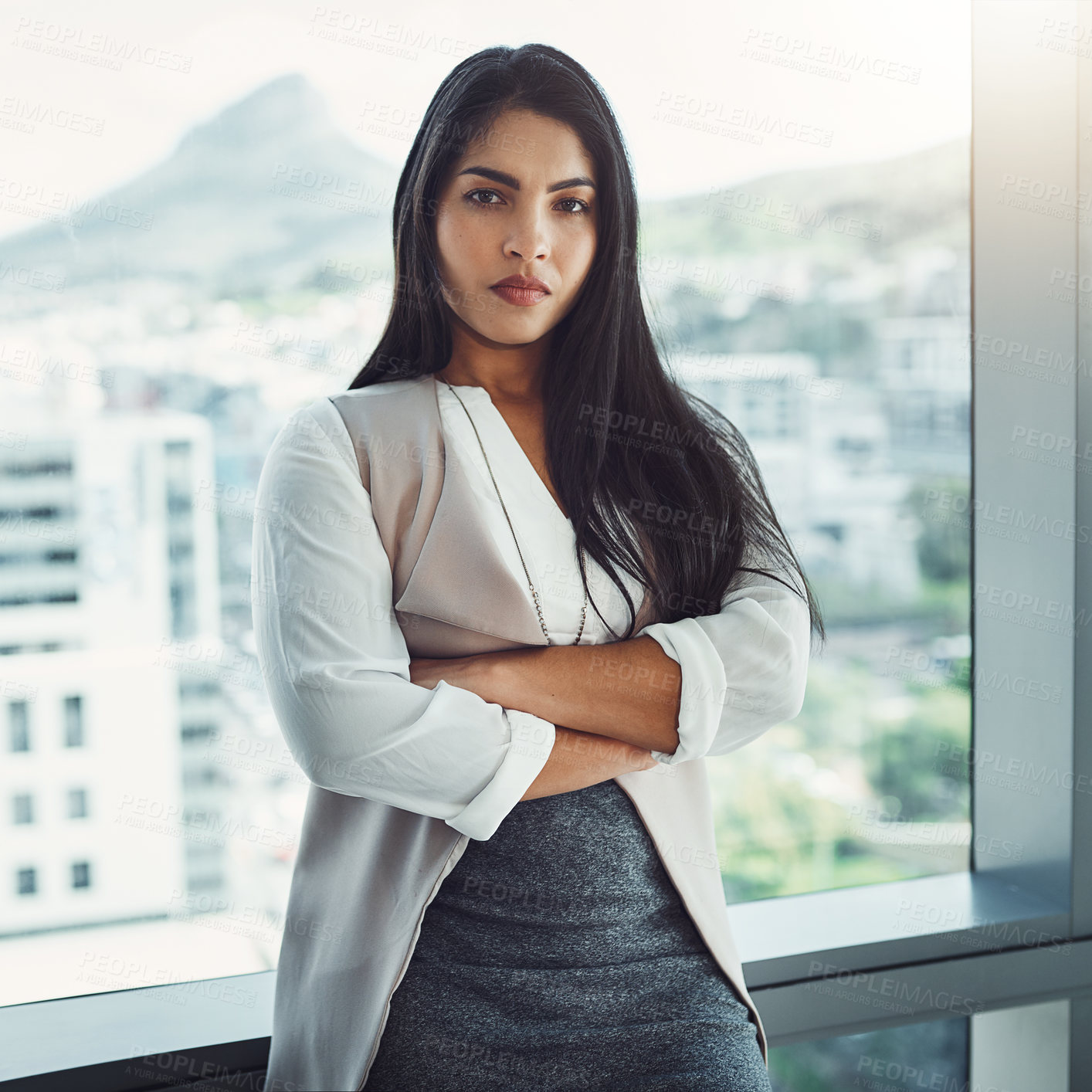 Buy stock photo Woman, portrait or window in office with confidence, business success or professional in Brazil. Female lawyer, arms crossed and power in building with pride, career development or ambition in city