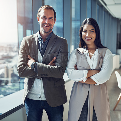 Buy stock photo Portrait, teamwork and business people with arms crossed in office, window and support. Face, employees and pride with partnership, cooperation and confidence with professional, smile and happiness