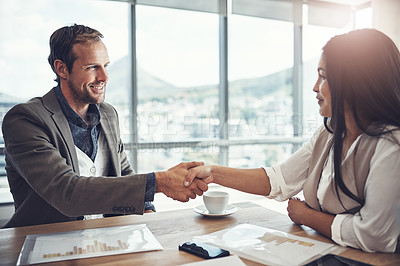 Buy stock photo Business people, negotiation and shaking hands in agreement for teamwork, meeting or partnership. Collaboration, offer and finance analyst greeting manager for financial advice and recruitment deal