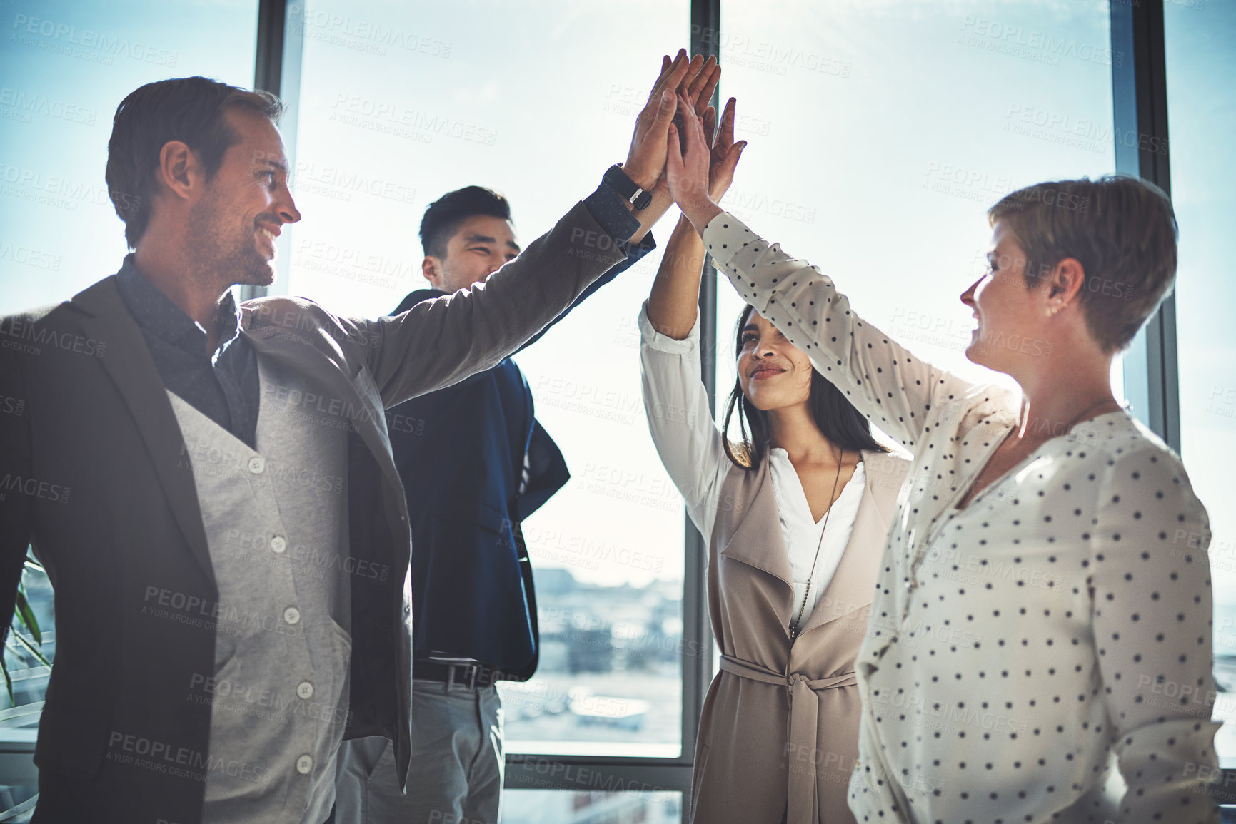 Buy stock photo Business people, high five and together for teamwork in office, solidarity and celebrate success. Employees, circle and community for target achievement, meeting and connect for project motivation