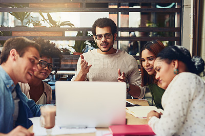 Buy stock photo Business people, brainstorming and planning in cafe, laptop and brainstorming for project. Employees, coworkers and creative agency in coffee shop, pc and conversation with company website and ideas