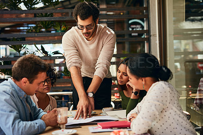 Buy stock photo Business people, brainstorming and planning with documents, coffee shop and brainstorming for project. Employees, team leader and creative agency in cafe, paperwork and conversation with proposal