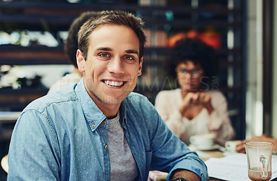 Buy stock photo Man, smile and portrait at coffee shop for creativity, meeting and planning for small business. Startup, designer and happy at restaurant for productivity, team building and development in industry