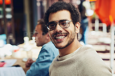 Buy stock photo Man, happy and portrait at coffee shop for creativity, meeting and planning for small business. Startup, designer and glasses at restaurant for productivity, team building and development in industry