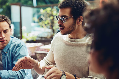 Buy stock photo Business people, coffee shop and creativity in meeting, project plan and communication at cafe. Employees, restaurant and talking to staff for collaboration, brainstorming and proposal development