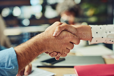 Buy stock photo Business people, shaking hands and team deal at coffee shop, trust and partnership in restaurant. Employees, introduction and welcome to staff at cafe, collaboration and together for hiring agreement