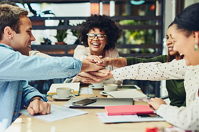 Buy stock photo Business people, coffee shop and hands stack in meeting, team planning and communication at cafe. Employees, restaurant and huddle for collaboration in pile, brainstorming and proposal development