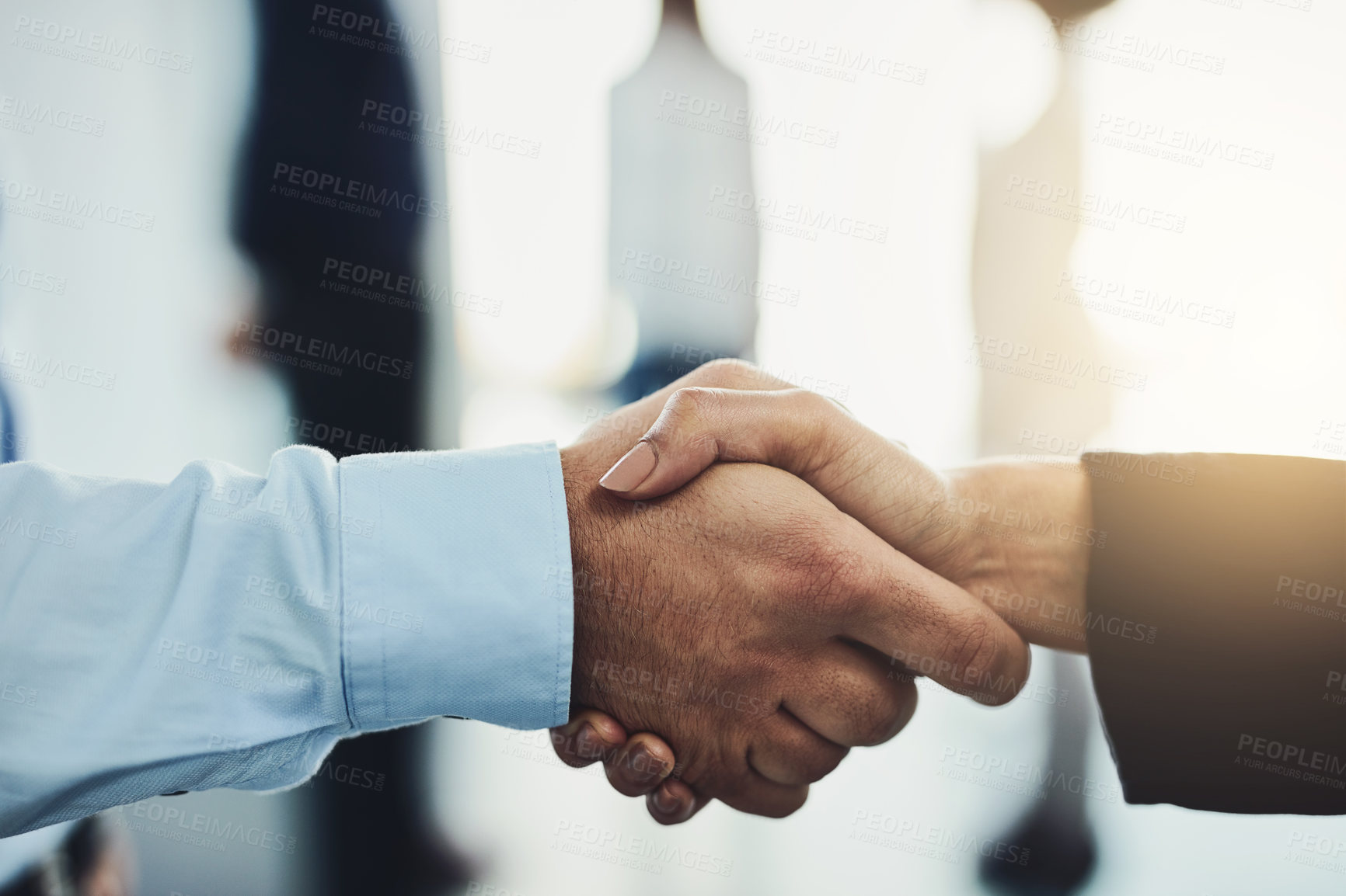 Buy stock photo Business people, handshake and partnership for b2b, meeting or greeting in hiring or recruitment at office. Businessman shaking hands with employee for welcome, introduction or promotion in teamwork