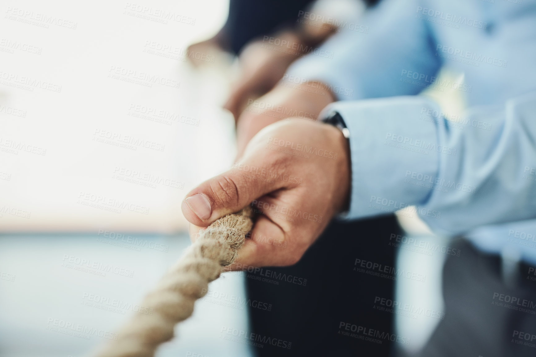 Buy stock photo Hand, rope and tug of war, team building with business people and collaboration, competition and mockup space. Corporate conflict resolution, challenge and teamwork with employees in workplace