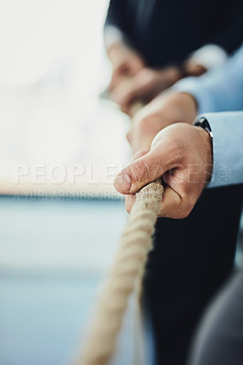 Buy stock photo Hand, rope and business people with tug of war game for team building and collaboration, competition and mockup. Corporate conflict resolution, challenge and teamwork with employees in workplace