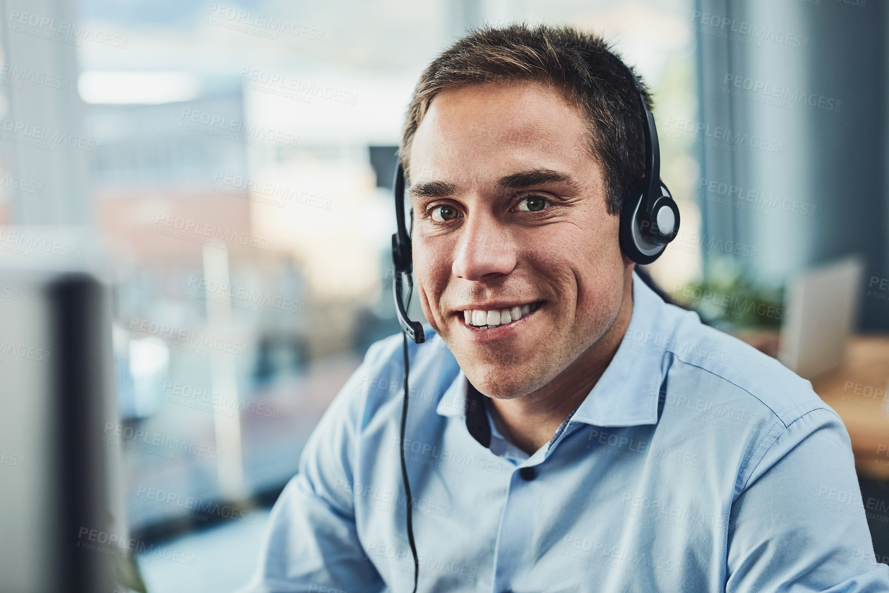 Buy stock photo Businessman, call center and portrait smile with headphones in customer service, support or telemarketing at office. Man consultant agent smiling for online advice, help or assistance in contact us
